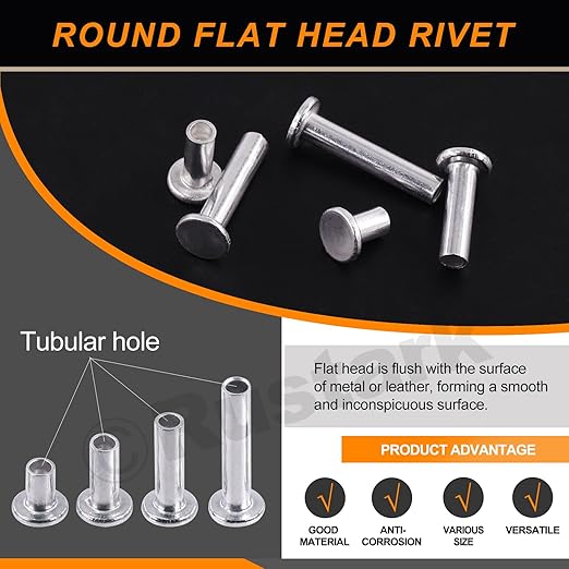 251Pcs 5 Sizes M4 Aluminum Flat Head Semi Tubular Rivets Assortment Kit with Punch, Partial Hole Tubular Rivets Round Flat Head Semi Tubular Rivet Silver Tone for Household Industry Repairing