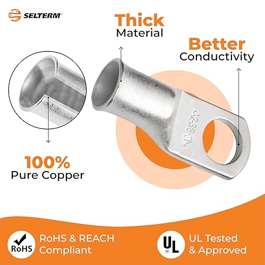 SELTERM 10pcs 2 AWG-3/8 Stud Tinned Copper Wire Lugs, Heavy Duty Battery Cable Ends,2 Gauge Ring Terminals, UL Battery Lugs Marine Grade Copper Eyelets Electrical Battery Terminal Connectors