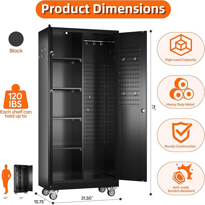 71" H Broom Closet Storage Cabinet with Wheels,Rolling Tool Cabinet with Lockable and Magnetic Doors,Adjustable Shelves and Pegboard for Garage Warehouse Home,Required Assembly,Black