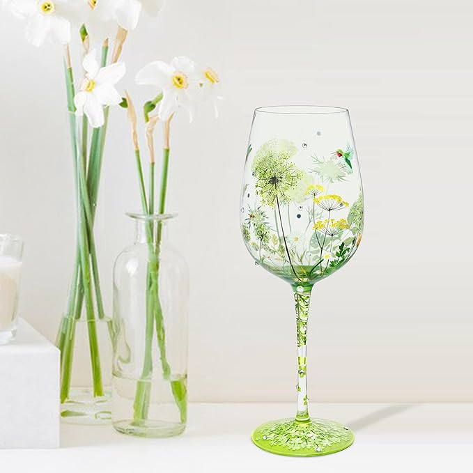 NymphFable Colorful Wine Glass Flower Bird Gragonfly Artisan Painted 15oz - Image 7