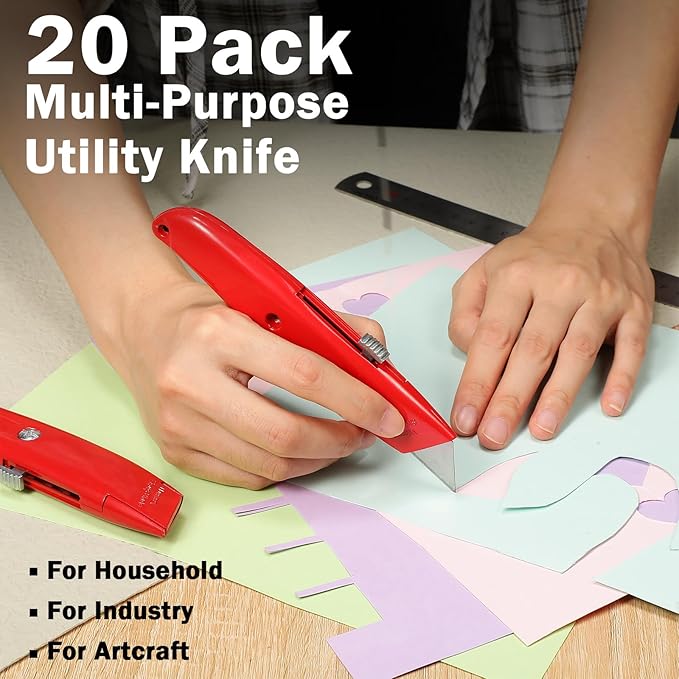 Reginary 20 Pcs Box Cutter Bulk Retractable Utility Knife Heavy Duty Aluminum Alloy Razor Knife for Cardboard Box Carton Opener for DIY, Factory, Home Office(Red, Yellow, Blue, Green)