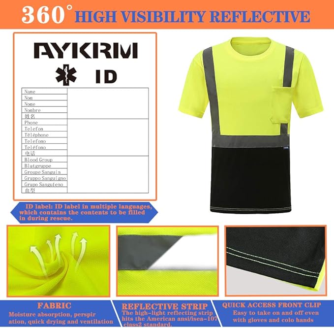 AYKRM Safety T Shirt Reflective High Visibility hi vis Long Sleeve T Shirt (XS-6XL)