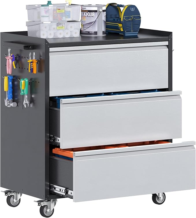 Aobabo Metal Garage Tool Storage Cabinets with Wheels, Steel Cabinet with Drawer, 3 Drawers Rolling Tools Chest Cabinet for Garage, Warehouse, Assembly Required, Black+Grey