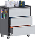 Aobabo Metal Garage Tool Storage Cabinets with Wheels, Steel Cabinet with Drawer, 3 Drawers Rolling Tools Chest Cabinet for Garage, Warehouse, Assembly Required, Black+Grey