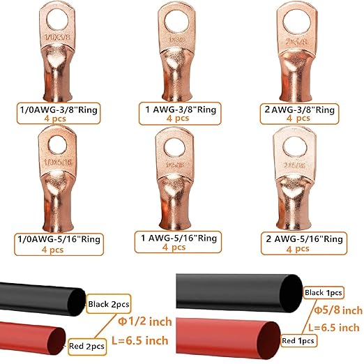 SVAAR 0 Gauge 1 Gauge 2 Gauge Copper Wire Lugs with 5/16" and 3/8" Stud Ring Terminals Battery Copper Cable Lugs Battery Terminal Connectors Heavy Duty Crimp Battery Cable Ends + Heat Shrink Tube