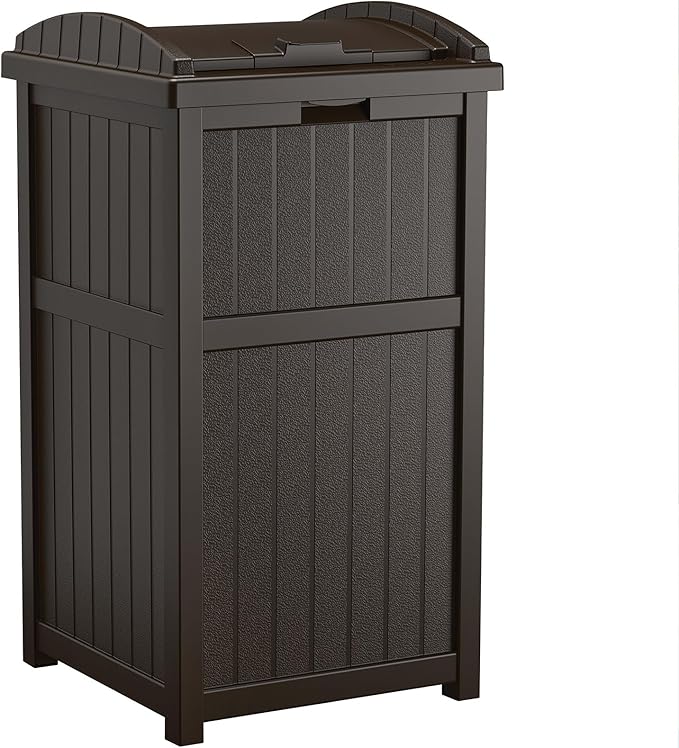 Suncast 33 Gallon Durable Plastic Hideaway Outdoor Garbage Can with Secure Lid and Wicker Design for Home Backyards, Decks, or Patios, Java Brown
