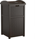 Suncast 33 Gallon Durable Plastic Hideaway Outdoor Garbage Can with Secure Lid and Wicker Design for Home Backyards, Decks, or Patios, Java Brown