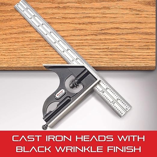 Starrett Steel Combination Square with Square Head - 6" Blade Length, Cast Iron Head, Hardened Steel, Reversible Lock Bolt, Scriber, 4R Graduation Type - C11H-6-4R