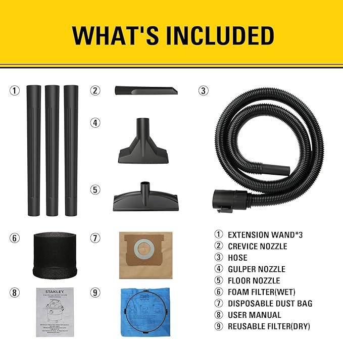 STANLEY Wet Dry Vac, 5 Gallon Portable Shop Vacuum Wet/Dry, 4 Horsepower, Stainless Steel Tank, 4.0 HP, Silver+Yellow, SL18115