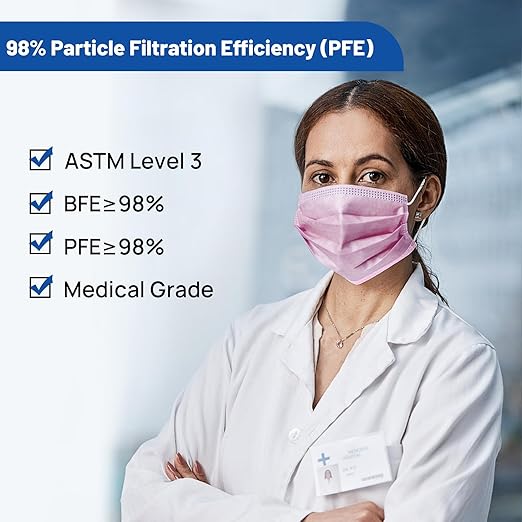 JMU 500 Pcs Disposable Face Medical Masks, 4-Ply Protection ASTM Level 3 Face Masks for Adult, Pink