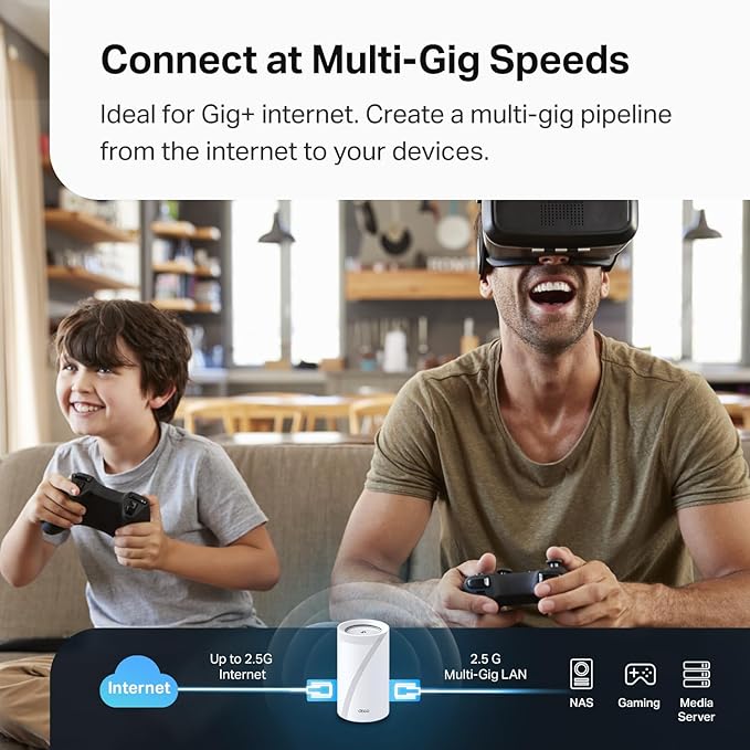 TP-Link Deco BE63 Tri-Band WiFi 7 BE10000 Whole Home Mesh System- 6-Stream 10 Gbps, 4X 2.5G Ports Wired Backhaul, 4X Smart Internal Antennas, VPN, MU-MIMO, HomeShield, Free Expert Support (1-Pack)
