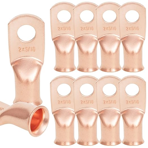 10PCS 2AWG - 5/16'' Heavy Duty Copper Terminals,Battery Cable Crimp Lugs,Battery Cable Ends,Bare Copper Eyelets Tubular Ring Terminals,Closed End Crimp Electric Connectors