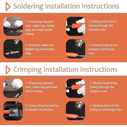 4 Pack 2 AWG 3/8 & 2 AWG 5/16 Lugs,Tinned Copper Terminal Marine Battery Welding Lugs,Terminal Connectors with 8 Pieces Ratio 3:1 Dual Wall Adhesive Heat Shrink