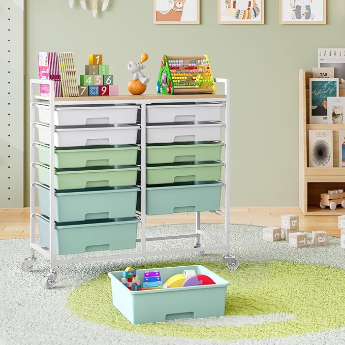 Rolling Storage Cart with 12 Drawers, Wooden Tabletop Utility Cart - Image 8
