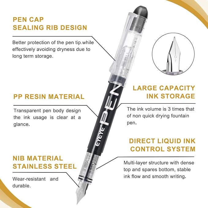 EYEYE Fountain Pens for Writing, 5 Black 4 Blue Disposable Fountain Pens - Image 3