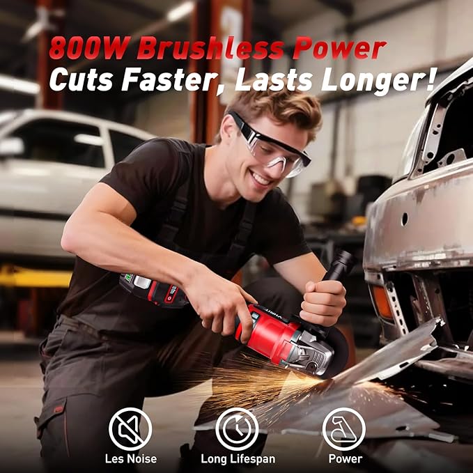 Angle Grinder Cordless 21V: Battery Grinder with 2x 4000mAh, Brushless Motor, Adjustable 3-speed with LED for Cutting Grinding