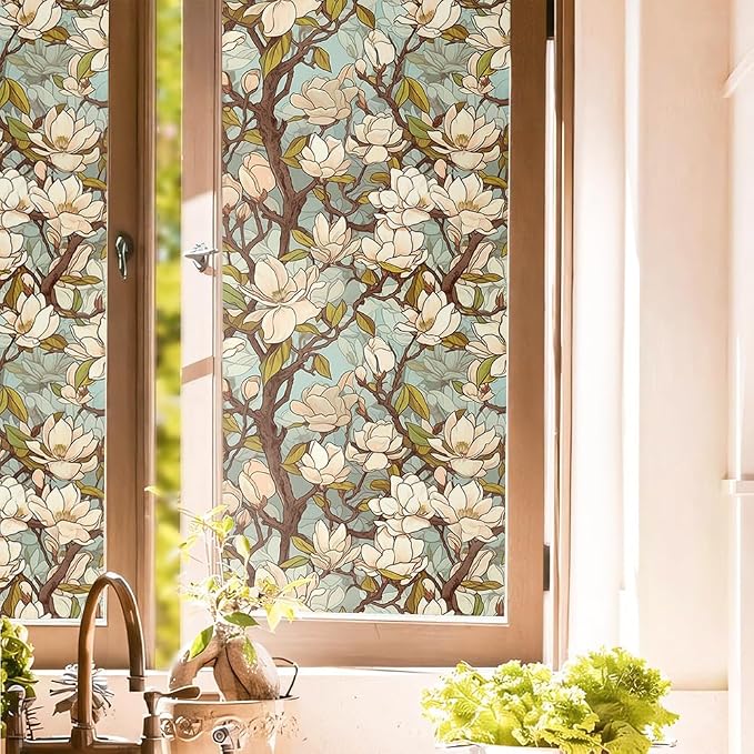 White Magnolia Floral Tree Light Blule Window Films Decorative Double-Side by Unknown