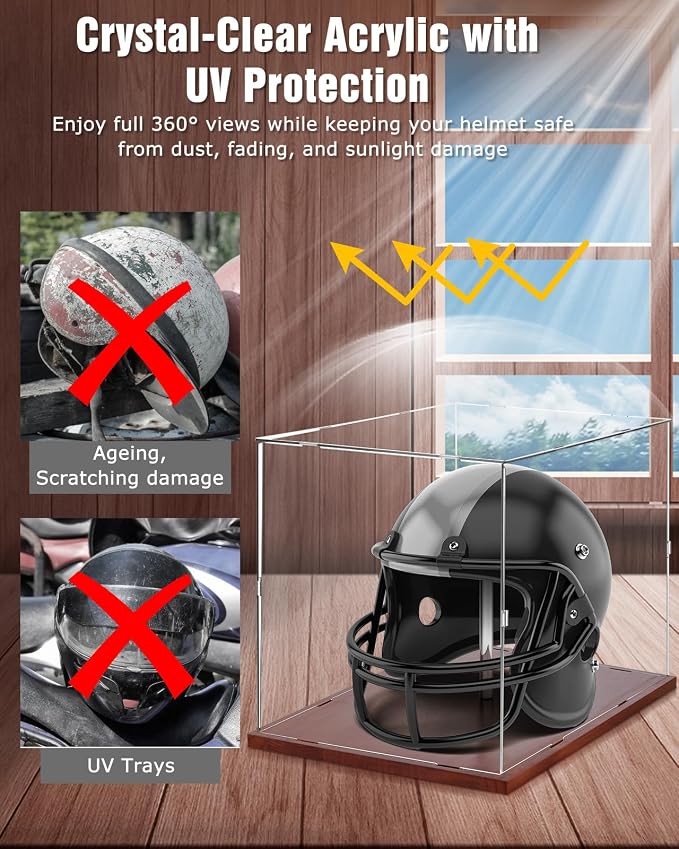Fitense Full Size Helmet Display Case High Clear Acrylic Wooden Base | - Image 4
