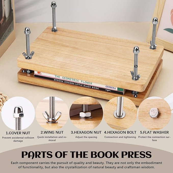 JUPEAN Book Press—7.9”x11.6” Wooden Book Binding Press Bookbinding Kit Flower - Image 4