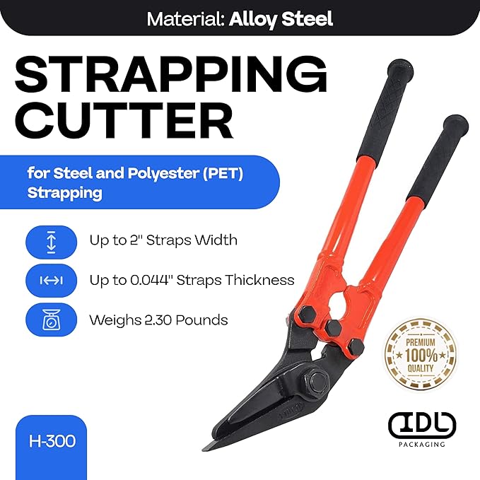 IDL Packaging H-300 Strapping Cutter for Steel and Polyester (PET) Strapping up to 2" Width and 0.044” Thickness - Heavy Duty Tool with Ergonomic Handles - Strap/Band Cutter for Strapping
