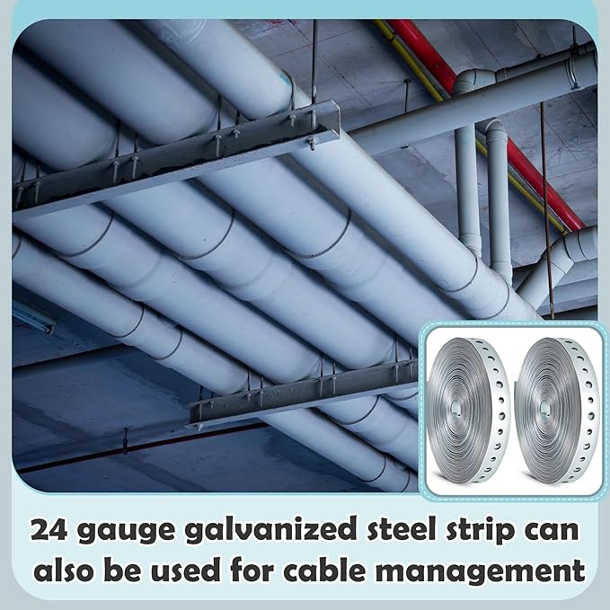 Gisafai 2 Rolls Galvanized Metal Pipe Strap 3/4 Inch x 50 ft 24 Gauge Total 100 ft Bendable Pipe Hanger Strap with Holes for Pipeline Supports Hanging, Flexible Trimming