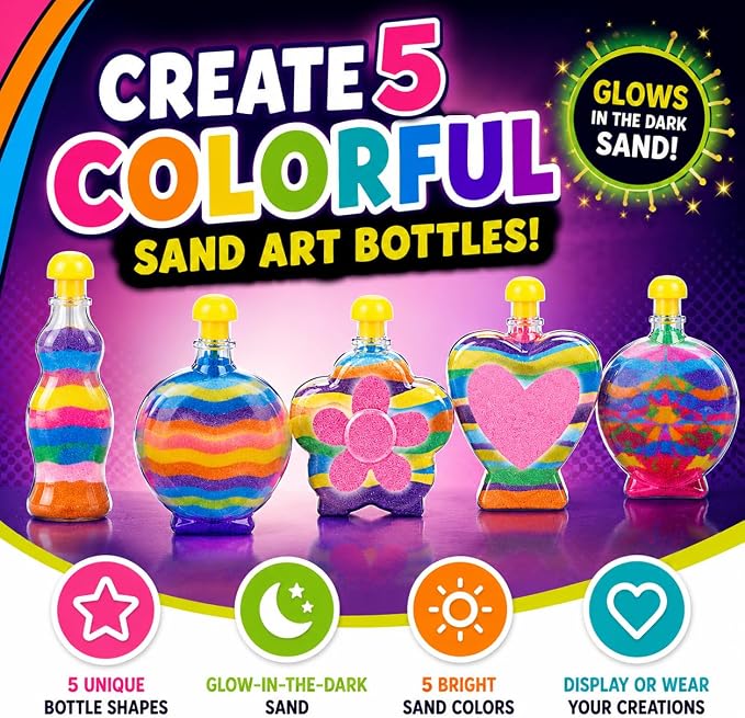 Glow Sand Art Kit, DIY Craft for Girls w/ 5 Necklace Bottles | Includes 1 Glow - Image 2