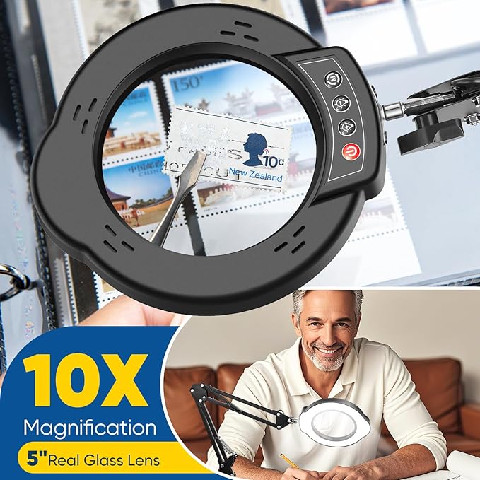 10X Magnifying Glass with Light and Clamp，Real Glass Lens 5 Color Modes Dimmable LED Lighted Magnifier with Swing Arm Hands Free Magnifying Desk Lamp for Crafts Sewing Painting Reading Close Work