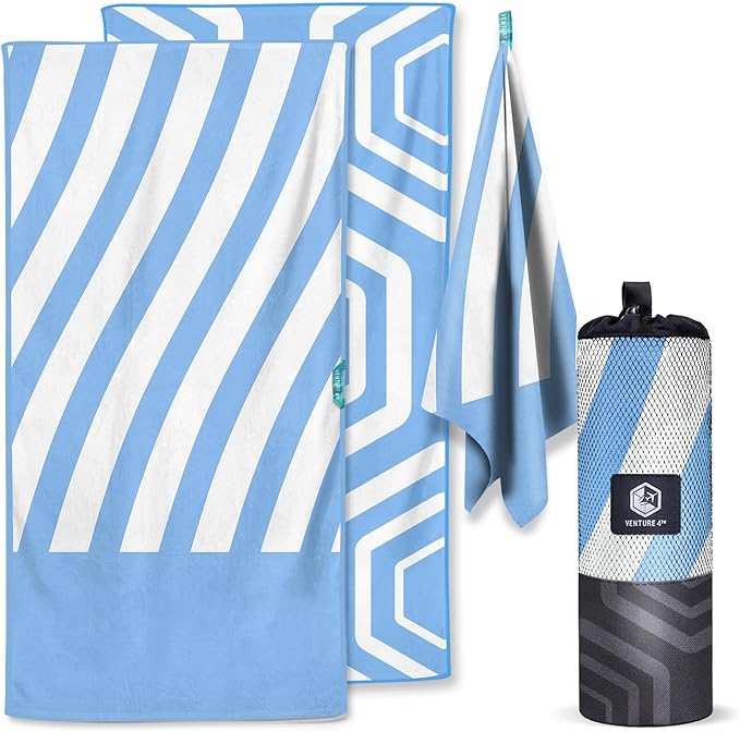 VENTURE 4TH Microfiber Beach Towel: Quick-Dry, Compact, Sand-Free, Absorbent, Sandproof and Lightweight - Perfect for Camping, Beach, and Roadtrips (Sky Blue Stripes Design | 35x78 inches)