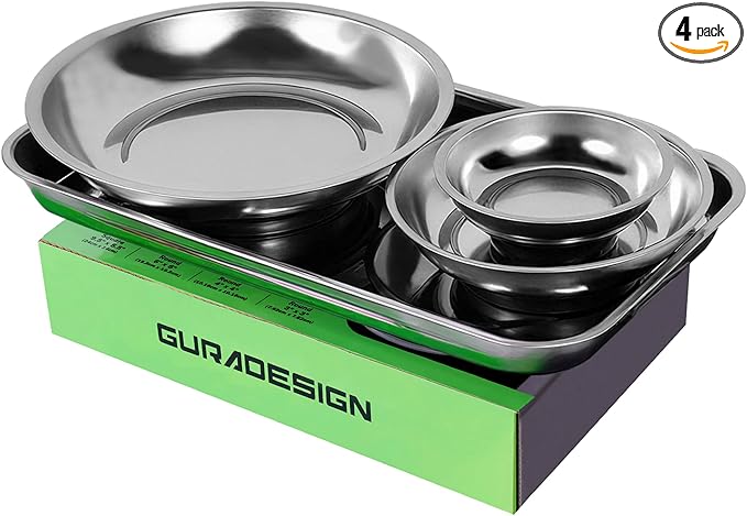 Magnetic Tray 4-Piece, Large Magnetic Parts Tray and Round Magnetic Parts Tray Set, Stainless Steel Heavy Duty 9.5" W x 5.5''L Square and 6" 4" 3"Round Tools Tray