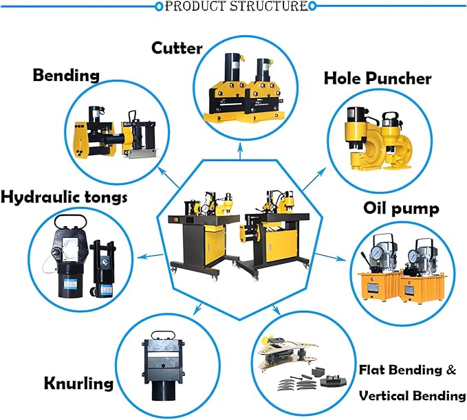5 in 1 Electric Hydraulic Busbar Processor Busbar Cutter/Hole Puncher/Flat Bending/Vertical Bending/Knurling Machine for Iron, Copper, Aluminum 110V 750W