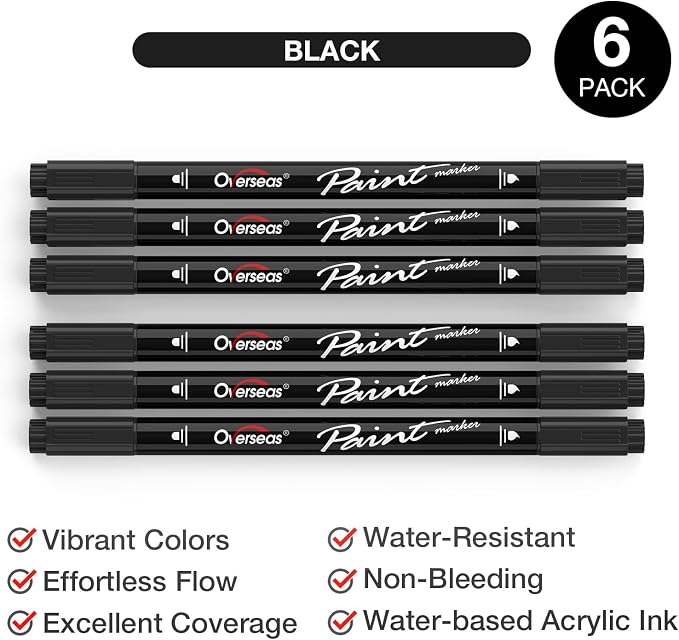 Overseas 6 Black Acrylic Paint Markers, Dual Tip Paint Pens Acrylic Marker | - Image 2