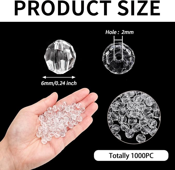 BONNY BOXX 1000pcs 6mm Acrylic Faceted Round Crystal Beads Transparent White - Image 3