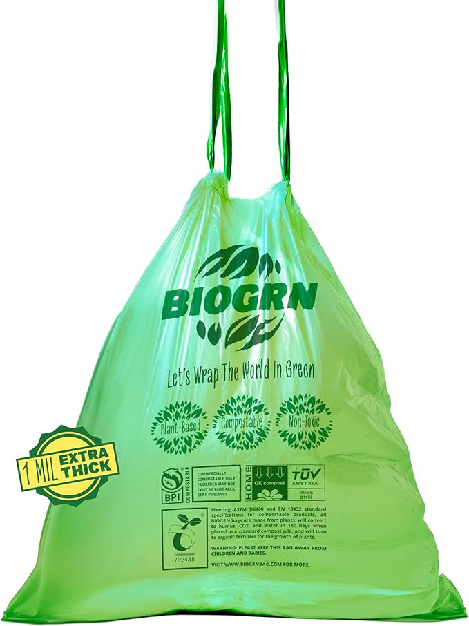 2.6-3 Gallon Compostable Trash Bags Drawstring 50 Bags Heavy Duty Extra Thick 1 Mil 11.36 Liter Small Kitchen Food Scrap Waste Compost Bag ASTM D6400, US BPI and OK Compost Home Certified