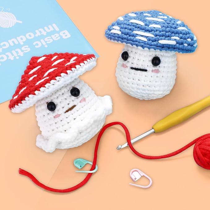 Crochet Kit for Beginners: 2 PCS Red & Blue Mushroom Starter Crochet Kits - Image 7