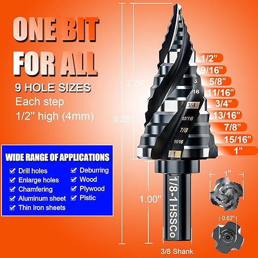 Four Spiral Flute Step Drill Bit for Metal,M35 Cobalt Unibit Step Drill Bit Set 1/8"-1"(9 Sizes),Wear-Resistant AlTiN Coated,3/8" Hex Shank for Metal, Stainless Steel, Aluminum, Plastic
