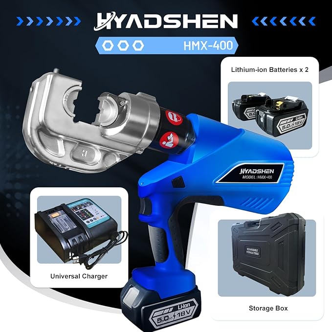 Electric Hydraulic Cable Lug Crimper Pliers Rechargeable Crimping Tool 12 Ton Electrical Terminal Cable Wire Fiber Crimper Kit with 12 Dies (HMX-400)