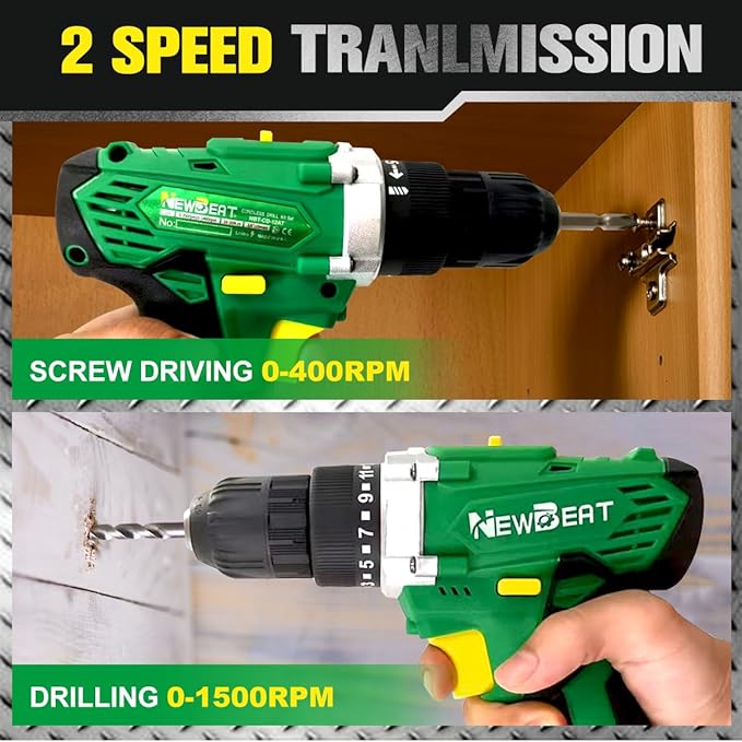 NEWBEAT Cordless Drill Set, 12V Power Drill Driver with 2 Batteries and Charger, 3/8" Keyless Chuck, 2 Variable Speed, 15+1 Torque Setting Electric Drill, Power Tools Kit for Home and DIY Project