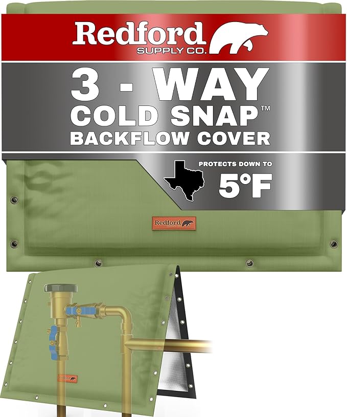 Redford Supply Co. Cold Snap (5°F) Backflow Preventer Insulation Cover, 3-Way Custom, 30"W x 24"H, Pipe Insulation, Water Sprinkler Covers for Outside, Sprinkler Backflow Cover for Winter (Green)