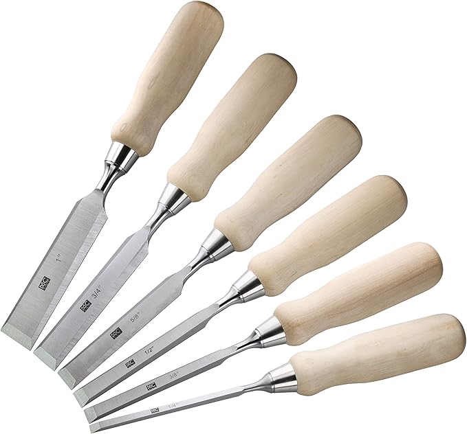 6 Piece Bevel Edge Wood Chisel Set 1/4 inch(6mm), 3/8 inch(10mm), 1/2 inch(12mm), 5/8 inch(16mm), 3/4 inch(20mm), 1 Inch(26mm) with Hornbeam Handles and Stainless Steel Ferrules