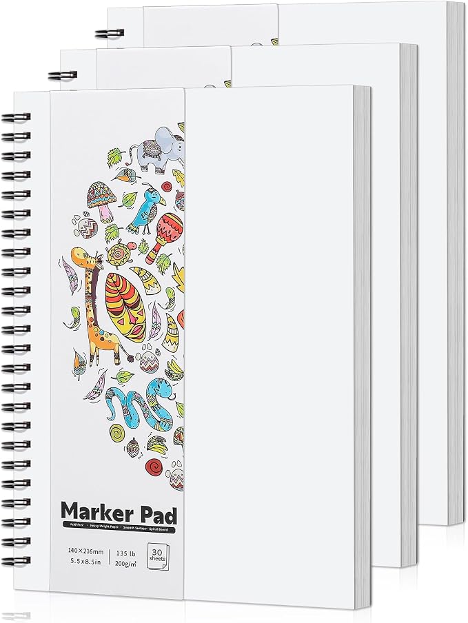 3 Pack Marker Paper Pad, 5.5×8.5in Double Sided Bleedproof Sketch Pad, by Prudiut