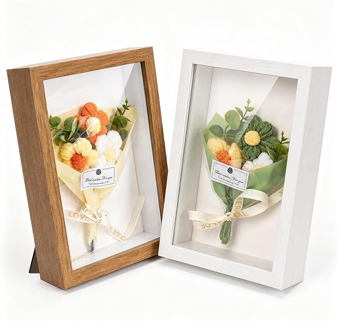 2Pack 5x7 Shadow Box Frame w. Mini Crochet Flower Bouquet, Small Shadow Box by GYOSUGANG