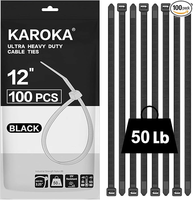Zip Ties 12 inch (100 Pack), Black, 50 lb, UV Resistant Cable Ties for indoor and outdoor use, by Karoka