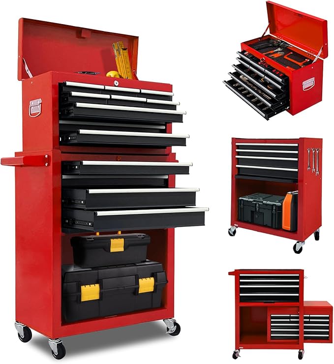 13 Drawer Rolling Tool Chest with Wheels, 2 in 1 Detachable Tool Chest with Drawers, Large Tool Box with Lock, Metal Tool Cabinet for Garage Workshop(Red-Black)