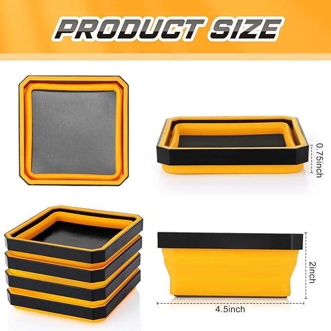 Barydat 10 Pcs Magnetic Tool Tray Collapsible Foldable Parts Trays Set Magnetic Screw Tray Magnetic Parts Bowl Square Silicone Magnetic Tool for Bolts Nuts Washers Pins Screw Parts (Orange)