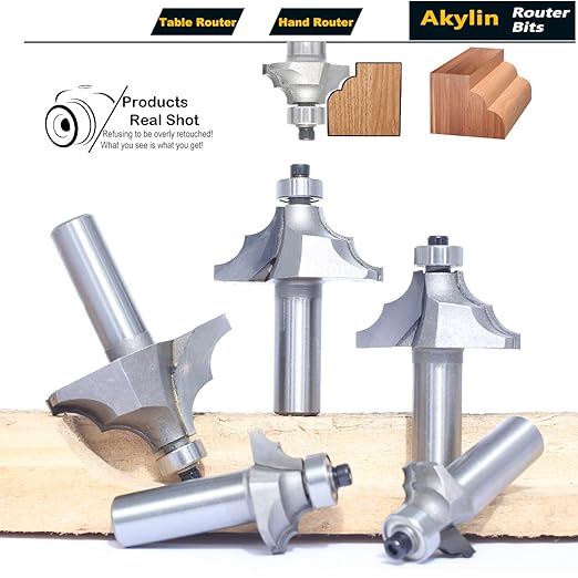5Pcs Bearing Guided Bead Ovolo Bit Set,1/2" Shank Double Ribbed Ovolo Bits with Twin Arc,Rounding Over Radius 1/8”,5/32",9/32",5/16" and 3/8" for Wood Edging,Profiling,Molding