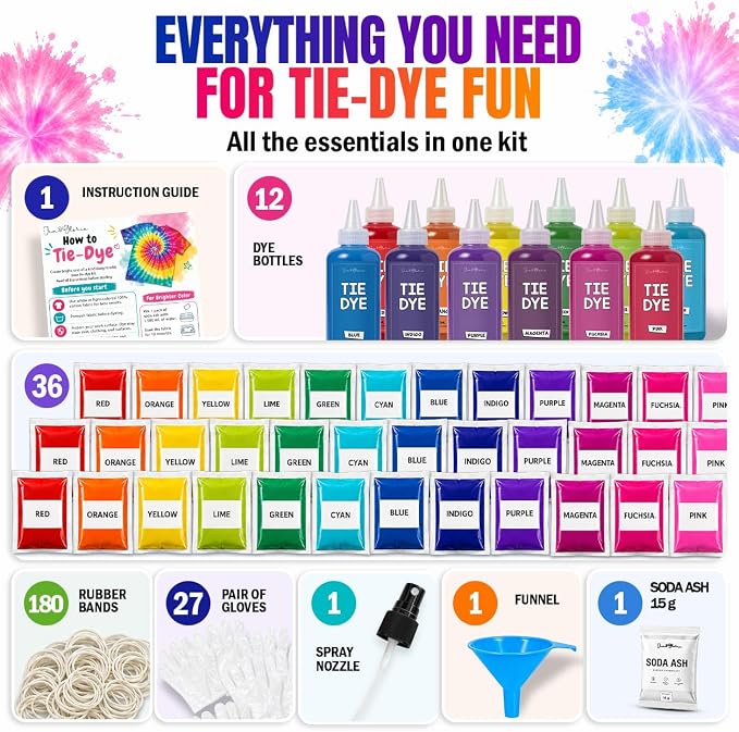 Jim&Gloria Tie Dye Kit, 36 Tiedye Powder 12 Larger Bottles Fabric Dyes - Image 2