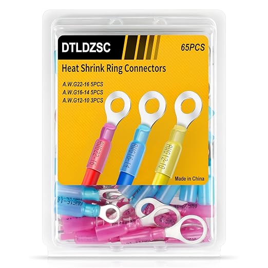65PCS Marine Grade Heat Shrink Wire Connectors-Electrical Connectors Kit of Tinned Red Copper,Crimp Insulated Ring Fork Spade Butt Splice AWG22-16 16-14 12-10 Gauge (65pcs Kit, AWG 22-10)