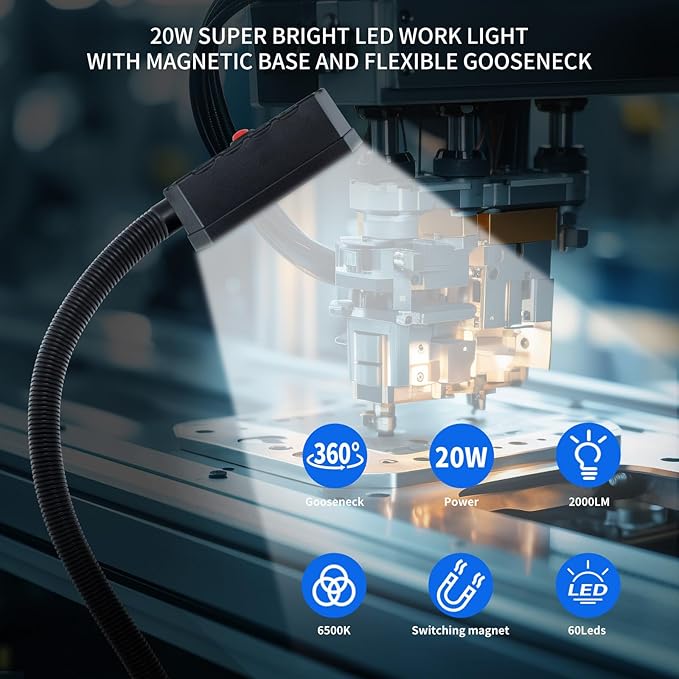 Magnetic Work Light, 2000 Lumens Led Machine Light with Strong Magnetic Base, 20 inch Flexible Gooseneck Magnetic Lamp for Garage, Workshop, Lathe and Drill Press, 120V, Black