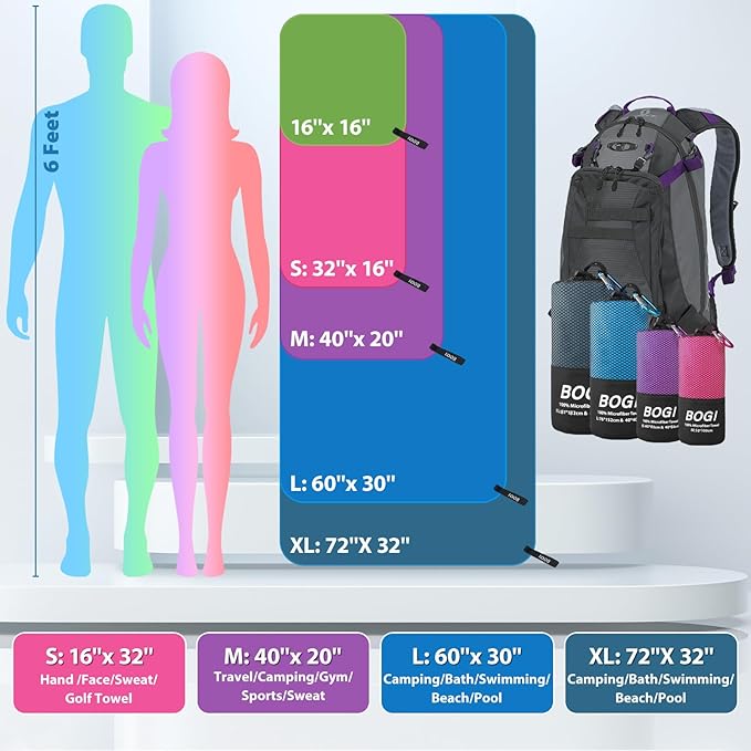 BOGI Microfiber Travel Sports Towel-Quick Dry Towel, Soft Lightweight Microfiber Camping Towel Absorbent Compact Travel Towel for Camping Gym Yoga Swimming Backpacking (XL:72''x32''+16''x16''-Blue)