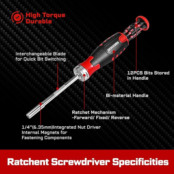 62Pieces Ratcheting Screwdriver Set, 12-in-1 Multi-bit Magnetic Screwdriver Quick-Load Mechanism, S2 Steel Phillips, Slotted, Torx, Square Bits, Impact Bit Holder with Eva Foam Storage Tray